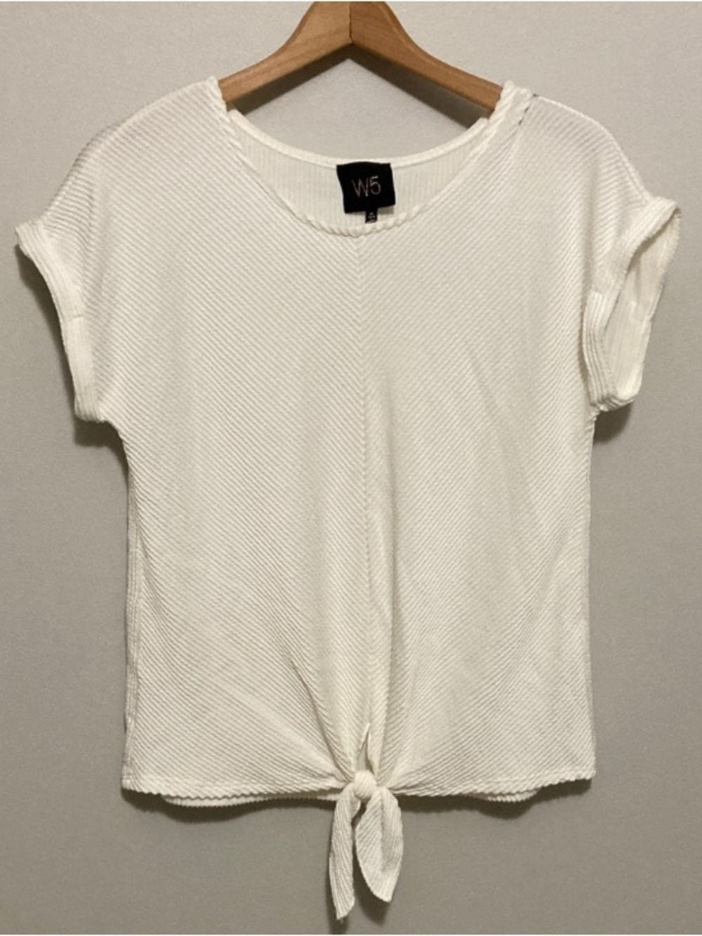 Anthropologie W5 White Short Sleeve Tie-Front Ribbed Top, Size Medium